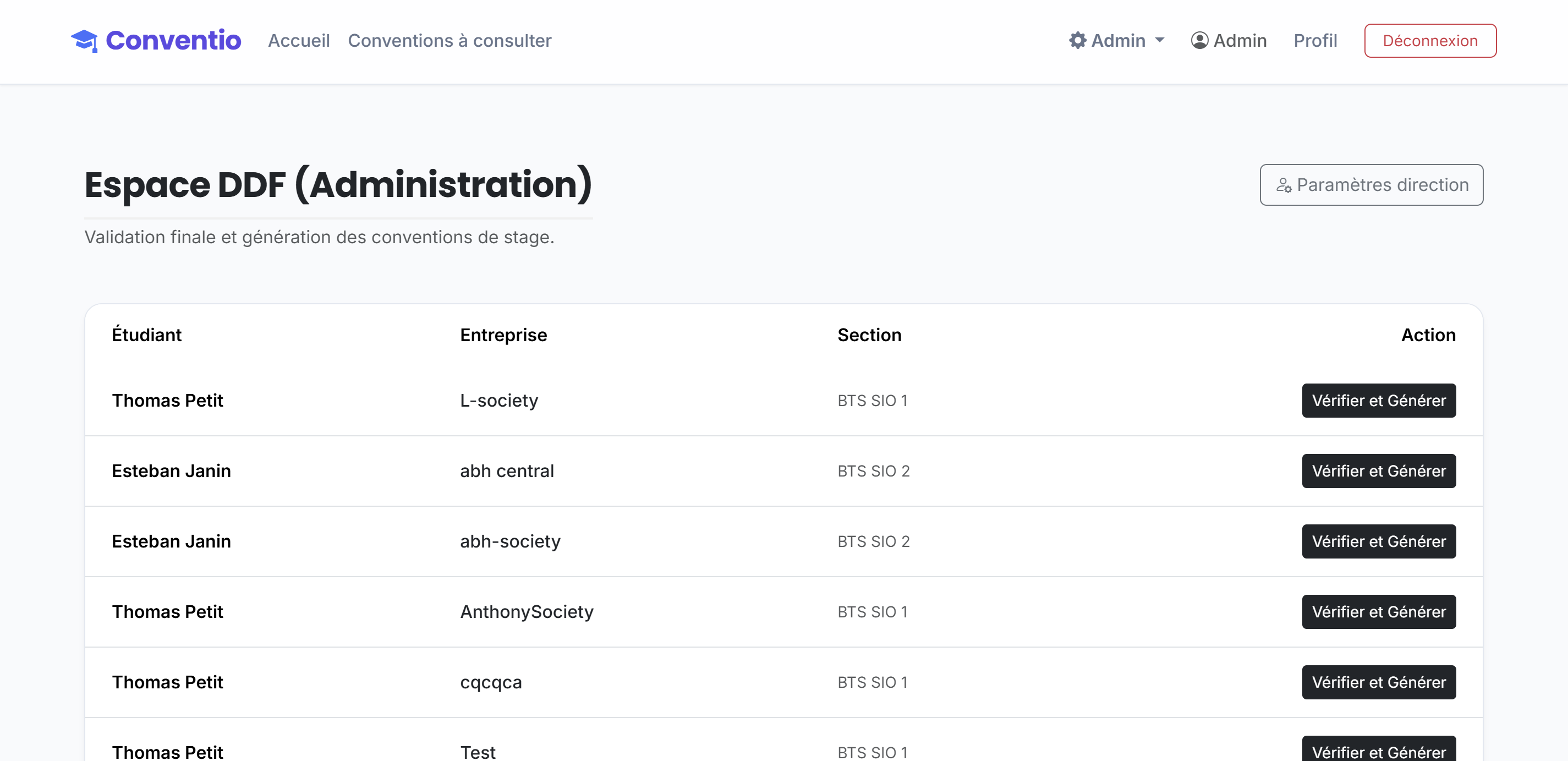 Page des conventions à vérifier