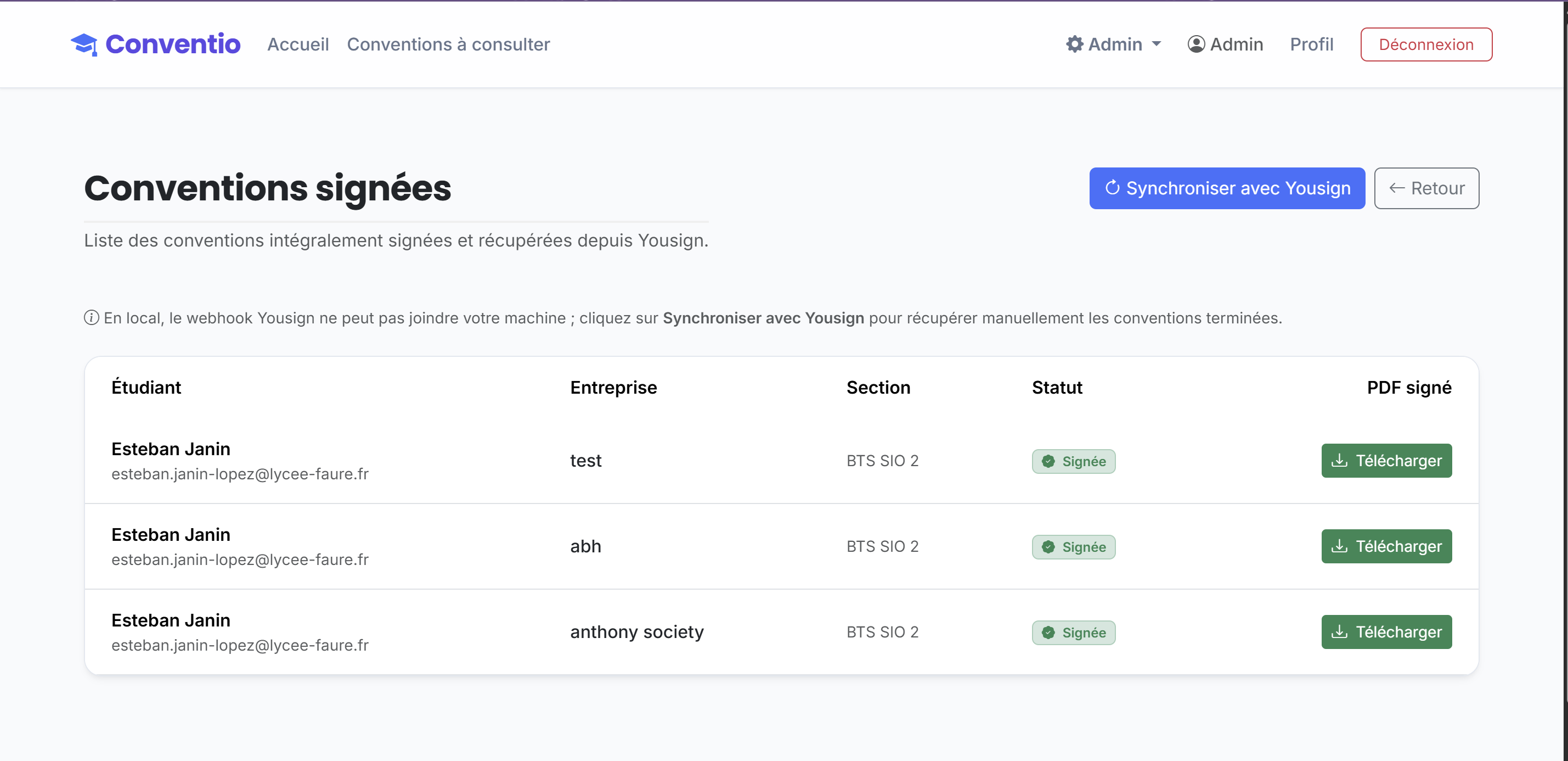 Page de récupération des conventions signées