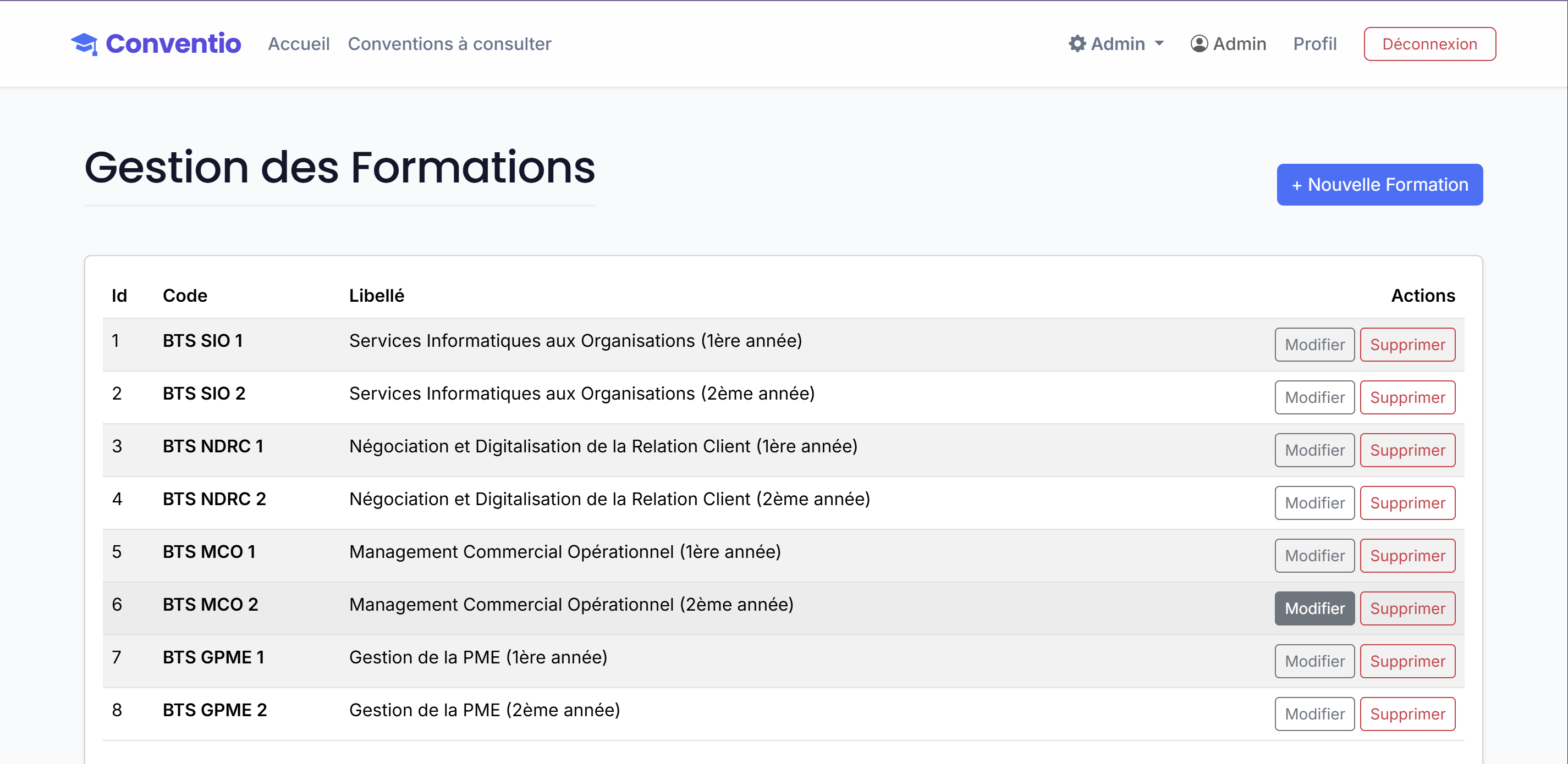 Paramétrage des formations