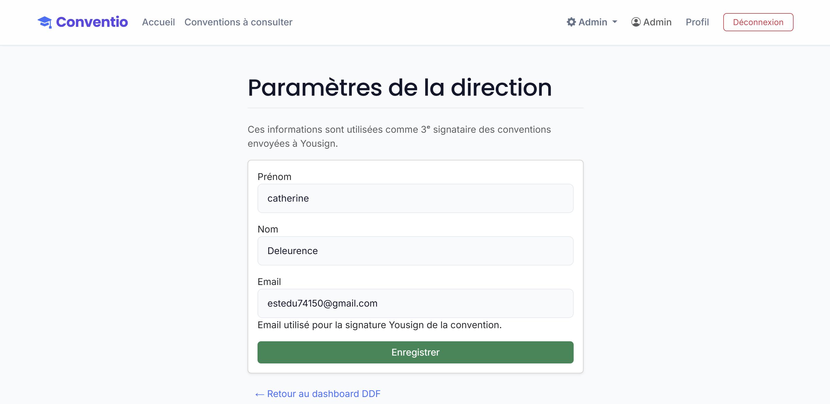 Paramétrage des informations de direction